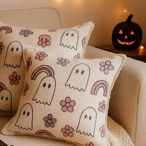 🎃 Halloween Ghost & Rainbow Throw Pillow Set – Goblin & Ghoul 🎃 LG 16” x 16” NWT